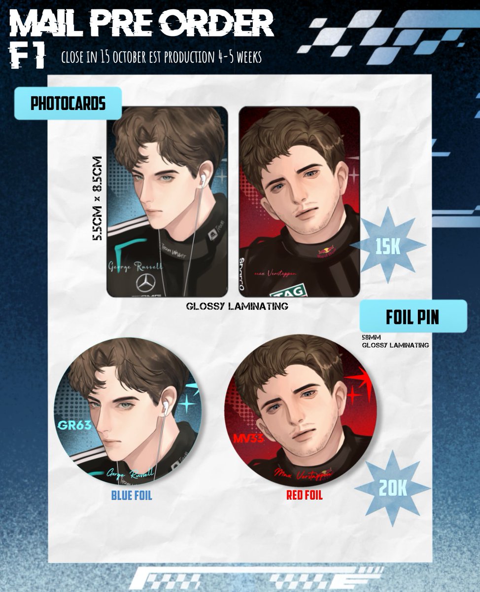 zzki_y's tweet photo. [♡ &amp; ↻ are very appreciated] 🏎️
 
MAIL PRE ORDER F1 + GIVEAWAY
📅 27 Sept - 15 October
💙Photocards, Foil Pin, Stickers, Keychain 
🔗in reply ↓
#Russtappen #F1 https://t.co/fnxyfSWRPU