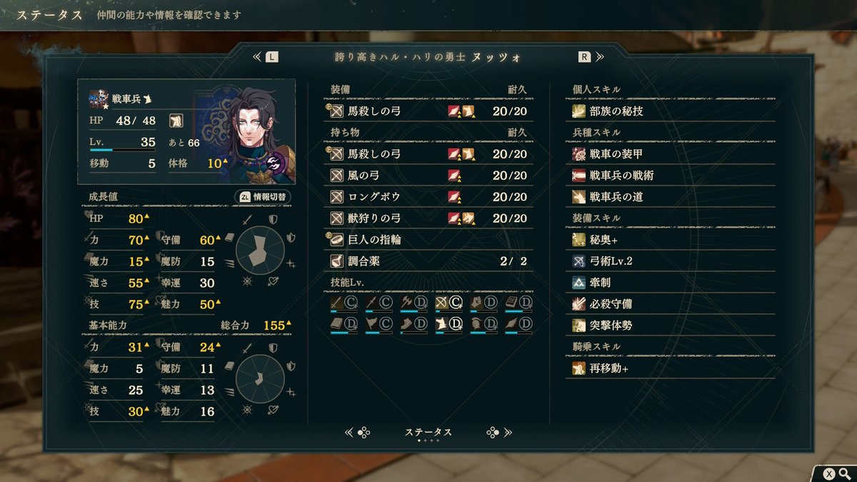 jgc_z7's tweet photo. 汗血戦車兵Lv35ヌッツォ、普通に盾役もやっていけそうな成長率してて草
本来守備20のキャラとはとても思えない

戦車兵の道は上級職の推奨Lvを閾値として補正がかかるらしく、35になると同時に速さ成長率がマイナス補正ではなくなったのも偉い
もう赤羽カラドリオスにしなくても良いんじゃないか…？ https://t.co/BnCNLpyUvh
