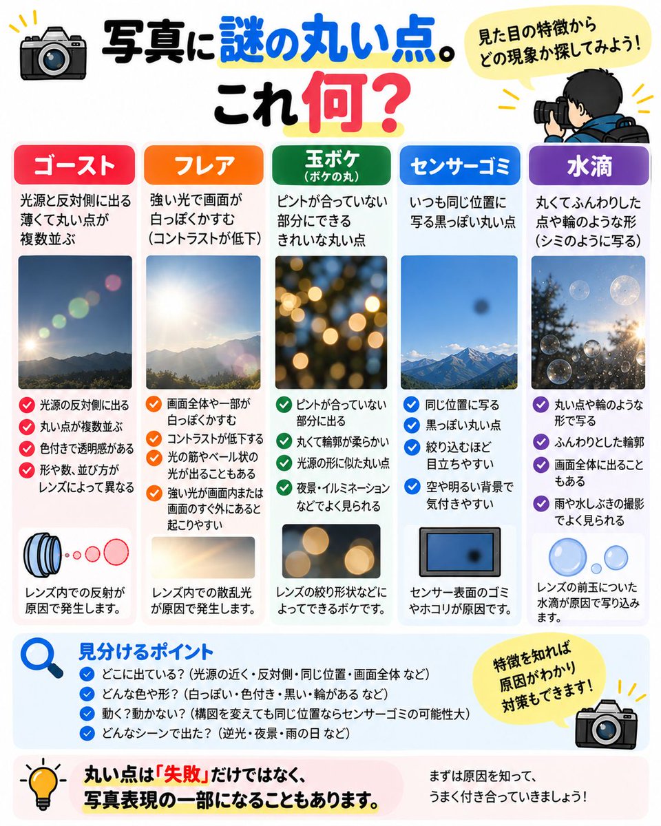 saizou4's tweet photo. 📷 写真に謎の丸い点。これ何？

写真を見返したら「こんな丸い点、撮ったときにはなかったけど……」ということがあります。

丸い点といっても原因はいろいろ。

見た目や出る場所を確認すると、ある程度見分けることができます。

▶ ゴースト

太陽や街灯など強い光源があると、レンズ内部で反射した光が丸い点として写り込むことがあります。

光源の反対側に出たり、複数の点が並んだりするのが特徴です。

色が付いていたり、半透明に見えたりすることもあります。

▶ フレア

ゴーストと一緒に語られることが多いですが、少し違います。

強い光によって画面の一部や全体が白っぽくかすみ、コントラストが低下する現象です。

筋やベールのような光として現れることもあります。

▶ 玉ボケ

これは失敗ではありません。

ピントが合っていない場所にある点光源などが、大きな丸として写ったものです。

イルミネーションや木漏れ日などでよく見られます。

絞り羽根の形などによって、丸ではなく多角形になることもあります。

▶ センサーゴミ

「同じ場所に黒っぽい点が何度も写る」なら、センサーに付着したゴミの可能性があります。

特に空などの明るく均一な場所で目立ちやすく、F値を大きくして絞るほど輪郭が分かりやすくなる傾向があります。

レンズを交換しても同じ位置に出るなら、一度確認してみます。

▶ 水滴

雨の日や水しぶきのある場所では、レンズ前面についた水滴が丸い点や輪のように写ることがあります。

センサーゴミと違って、ふんわり大きく写ることもあります。

撮影中に突然丸いものが出てきたら、前玉も確認してみます。

▶ 丸い点を見つけたら

「どこに出ているか」を見ると原因を探しやすくなります。

✅ 強い光の近く・反対側 → ゴーストやフレア
✅ ピントの外れた光 → 玉ボケ
✅ 毎回同じ位置 → センサーゴミ
✅ 雨や水しぶきのあと → 水滴

丸い点があるからといって、必ずしも撮影の失敗とは限りません。

ゴーストや玉ボケなどは、使い方によっては写真表現の一部にもなります。

まず「消す」よりも、何が原因で出ているのかを見分けられるようになると面白いと思います。
