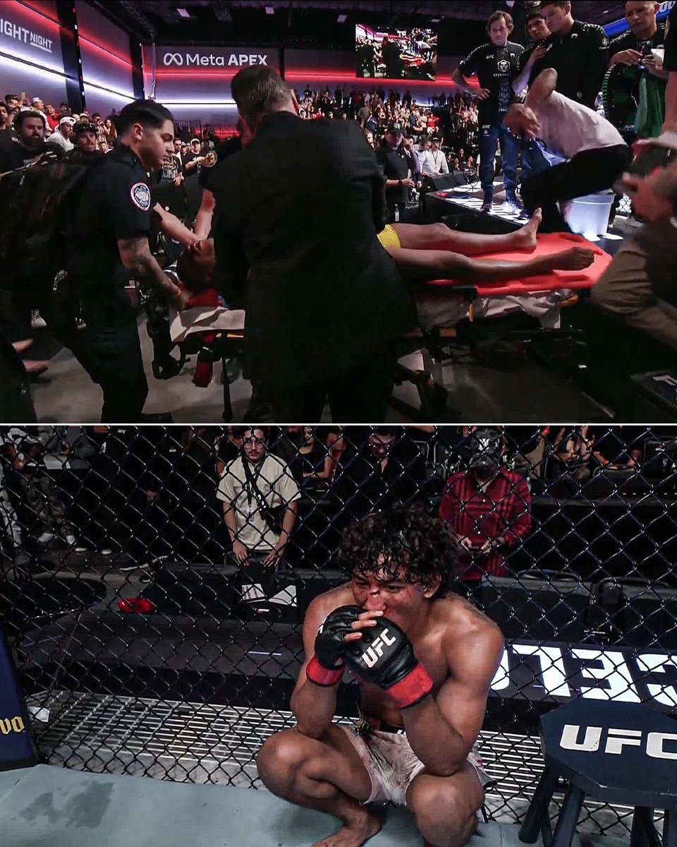 intrnxt's tweet photo. Raoni Barcelos left the Octagon on a stretcher following his bout vs. Raul Rosas Jr. #UFCVegas121 https://t.co/xFQatCfgwQ