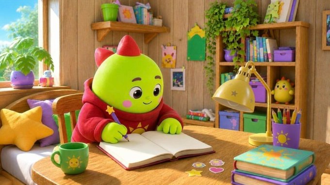 A cute green cartoon character with a small red crest, wearing a red hoodie, sits at a desk writing in a notebook in a colorful, cheerful children's room with toys and books.