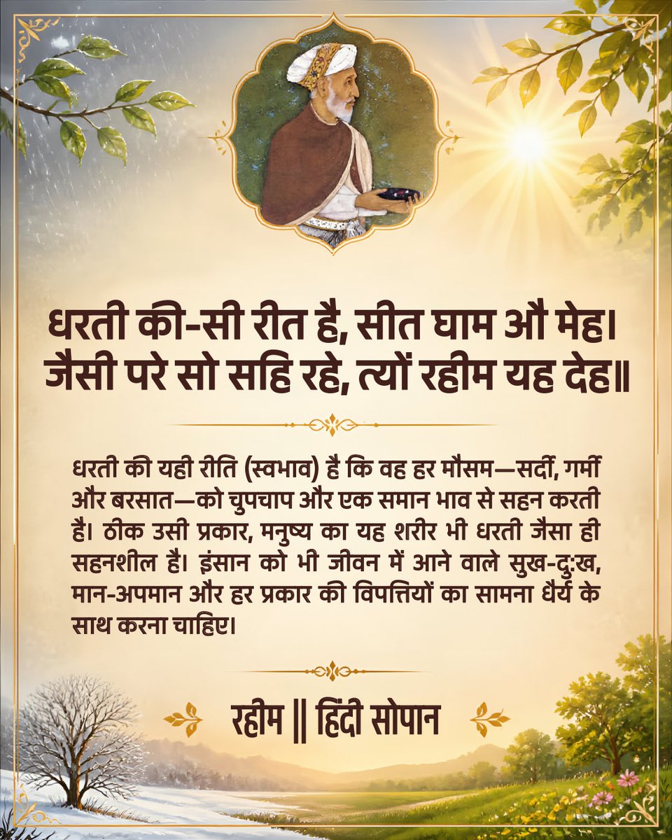 hindisopan's tweet photo. धरती की-सी रीत है, सीत घाम औमेह। 
जैसी परे सो सहि रहे, त्यों रहीम यह देह॥ https://t.co/GeqH5BdkbU