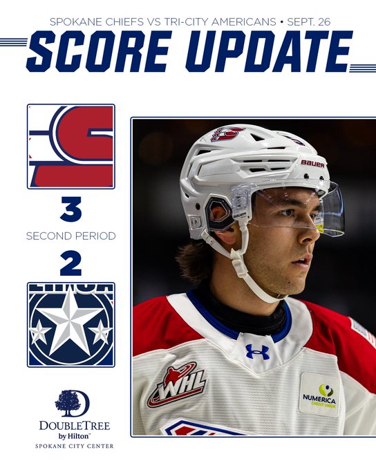 A sports score update graphic showing Spokane Chiefs vs Tri-City Americans on Sept. 26, with a score of 3-2 in the second period, alongside a photo of a hockey player in a white helmet.