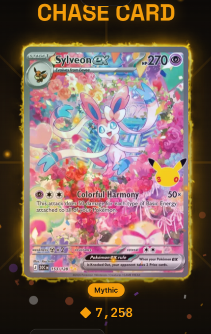 A digital trading card titled 'Sylveon ex' with the attack 'Colorful Harmony' is shown with 'CHASE CARD' at the top and a value of '7,258' at the bottom.