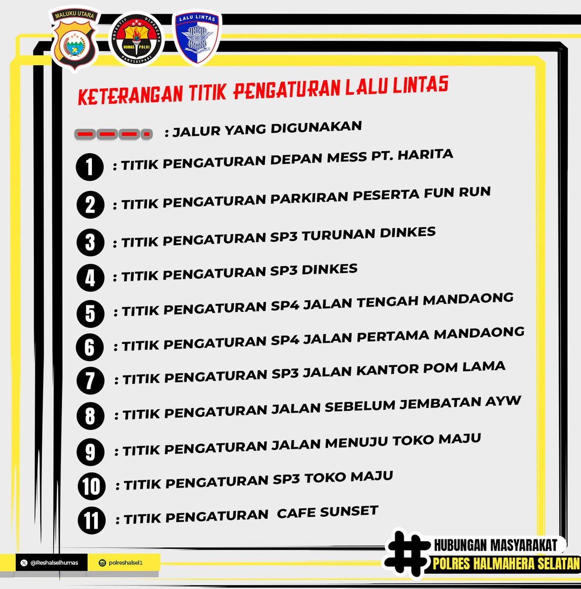 Reshalselhumas's tweet photo. 🚨 PENGALIHAN ARUS LALU LINTAS 🚨
 Dalam Rangka HUT ke-21 IKA TOGALE Halmahera Selatan https://t.co/sRYtS2V5iq