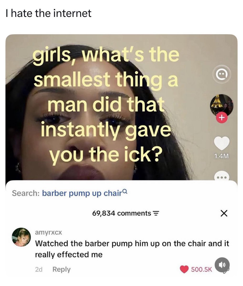 johnwilliamsp6f's tweet photo. Icks” are oddly specific little things that can suddenly change how you see someone. They may not have done anything wrong—it could be how they run, pose, pronounce a word, or even sit in a barber’s chair. The internet made it funnier by sharing https://t.co/dvt44UqlvD