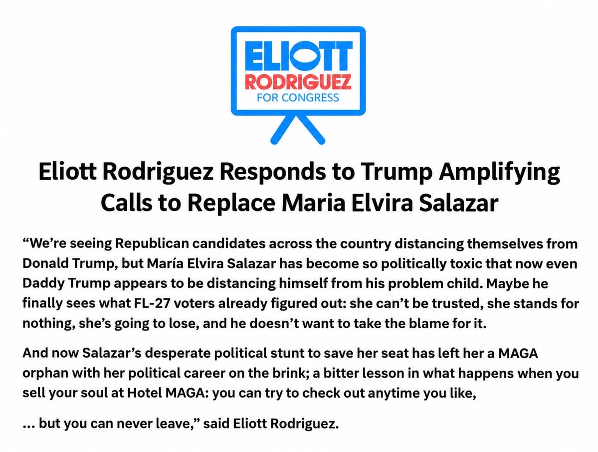 ERodforCongress's tweet photo. My statement in response to Donald Trump amplifying calls to replace @MaElviraSalazar 👇🏼 https://t.co/cckXTjMdDq