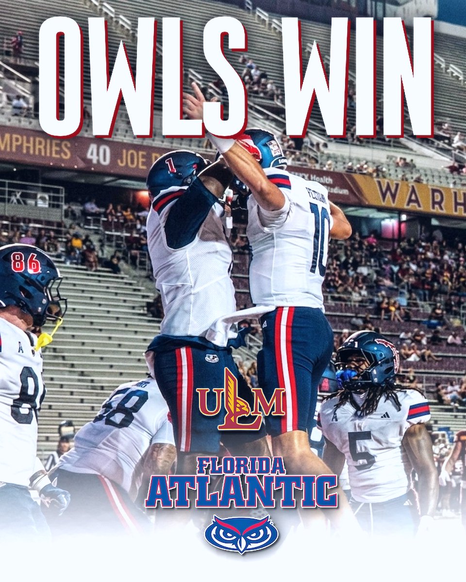 FAU_Owls_Nest's tweet photo. OWLS WIN! #FAU Handles Road Business in the Bayou with a 45-17 DUB over #ULM to move to 3-1 for the first time since 2020 🔥 They also complete a PERFECT MARK for #Florida FBS Teams on the day at 7-0. The Owls will be back at The Flag next Saturday looking to keep the Train Rolling vs Texas Southern 🦉👌