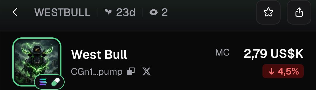 WestBullSol's tweet photo. Day 23 

CA: CGn1uQm9RVhqrc3Zj2fyd2y7BQ3JKMeQDes29UVQpump

$WESTBULL 

@Pumpfun :  https://t.co/mMIQ0ZwTqu https://t.co/TGUezXLqjE