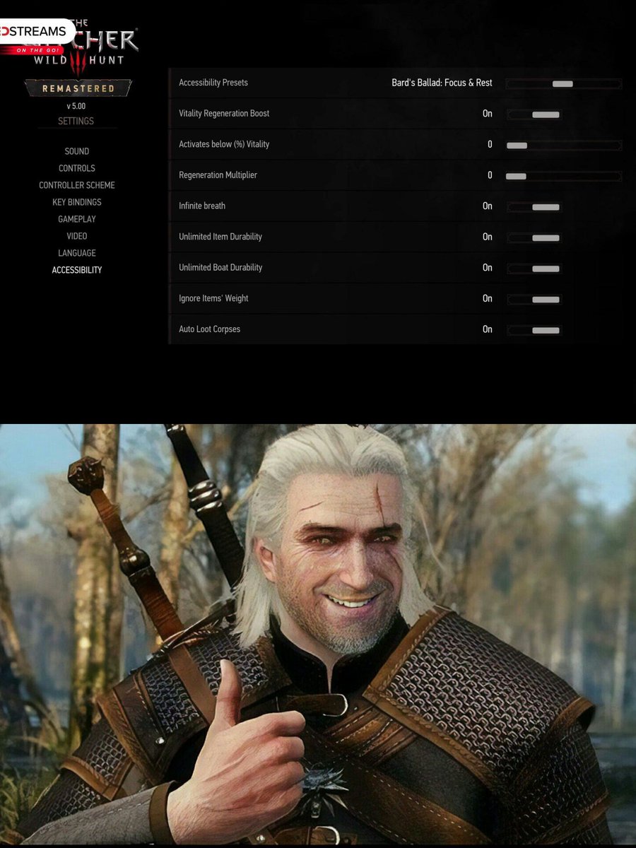 TheRealZephryss's tweet photo. Thank God The Witcher 3 Remastered will include these features in-game from day one, so I don't have to install mods:

🔸 Ignore item weight
🔸 Auto loot corpses
🔸 Unlimited item durability
🔸 Infinite breath
🔸 Unlimited boat durability
🔸 And more https://t.co/1BWGwGeHL6