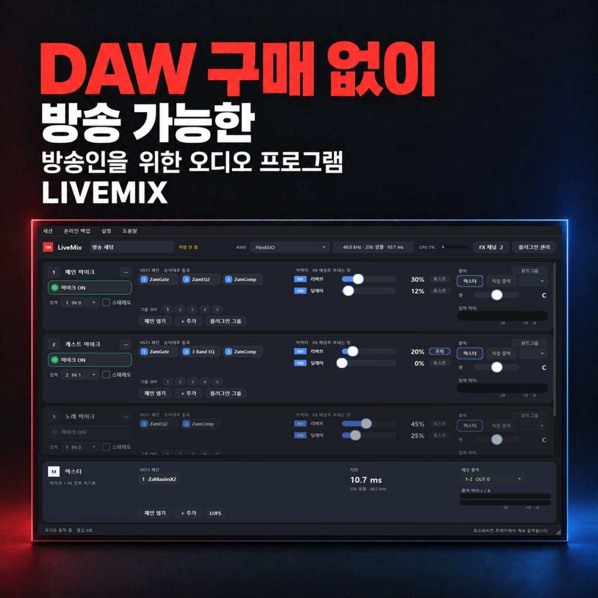 doogomman's tweet photo. DAW 없이 방송 세팅이 가능한 프로그램 LiveMix 

 기존에는 방송용 음향 세팅을 하려면 대부분 DAW가 필요했습니다.

  하지만 DAW는 방송용이 아니라, 대부분 녹음과 믹싱에 최적화된 프로그램입니다.

  LiveMix는 녹음·믹싱용 DAW가 아니라, 순수하게 방송을 위해 만든 무료 프로그램입니다.

  다운로드 https://t.co/U4CG2FNpFQ

  대표적인 특징

  1. 대부분의 DAW보다 가볍습니다 (같은 VST3 플러그인으로 세팅한 DAW와 비교해 가볍고 로딩이 빠릅니다)
  2. 핫키 지원 (키를 지정해 두면 어떤 화면에서든 누르는 즉시 마이크를 끄거나 리버브를 켤 수 있습니다)
  3. 스트림덱 지원
  4. VST3, VST2 지원
  5. 특정 플러그인만 핫키로 ON/OFF (예: 오토튠을 키보드 특정 키로 켜고 끄기)
  6. 시스템 트레이로 최소화 (작업표시줄에 안 보이게 숨겨 둘 수 있습니다)
  7. 루프백이 안 되는 오인페를 위한 OBS 직접 연동 (개발 중, 일주일 이내 배포 예정)
  8. 완전 무료 (유료화 계획 없음)

  ※ Windows 10/11, ASIO 지원 오디오 인터페이스 필요