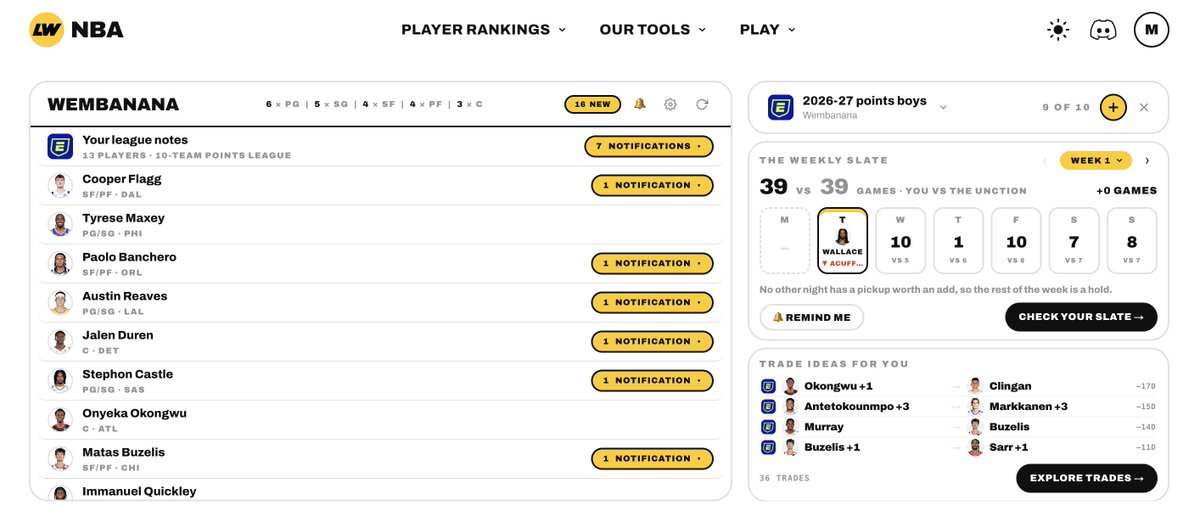 LeagueWinnerNBA's tweet photo. 1. It's Sunday 27th of September
2. I open up my cracked fantasy bball team dashboard on League Winner (free btw)
3. I see 16 new hyper-specific team notifications
4. I realise the NBA season starts in 3 weeks
5. I get very excited https://t.co/9UjOx4Ewbz
