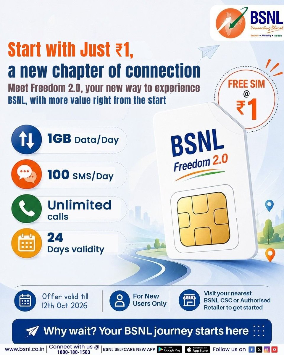 BSNL_TN's tweet photo. 💥Sometimes, a new beginning is all about taking that first step. With BSNL Freedom 2.0, get your SIM at just ₹1 and start your journey to better connectivity💥
#HamaraBSNL #InternetForEveryone #DigitalLife #BSNLServices #SmartIndia #EverydayConnectivity #freedomplan https://t.co/BvwRtjdcmW