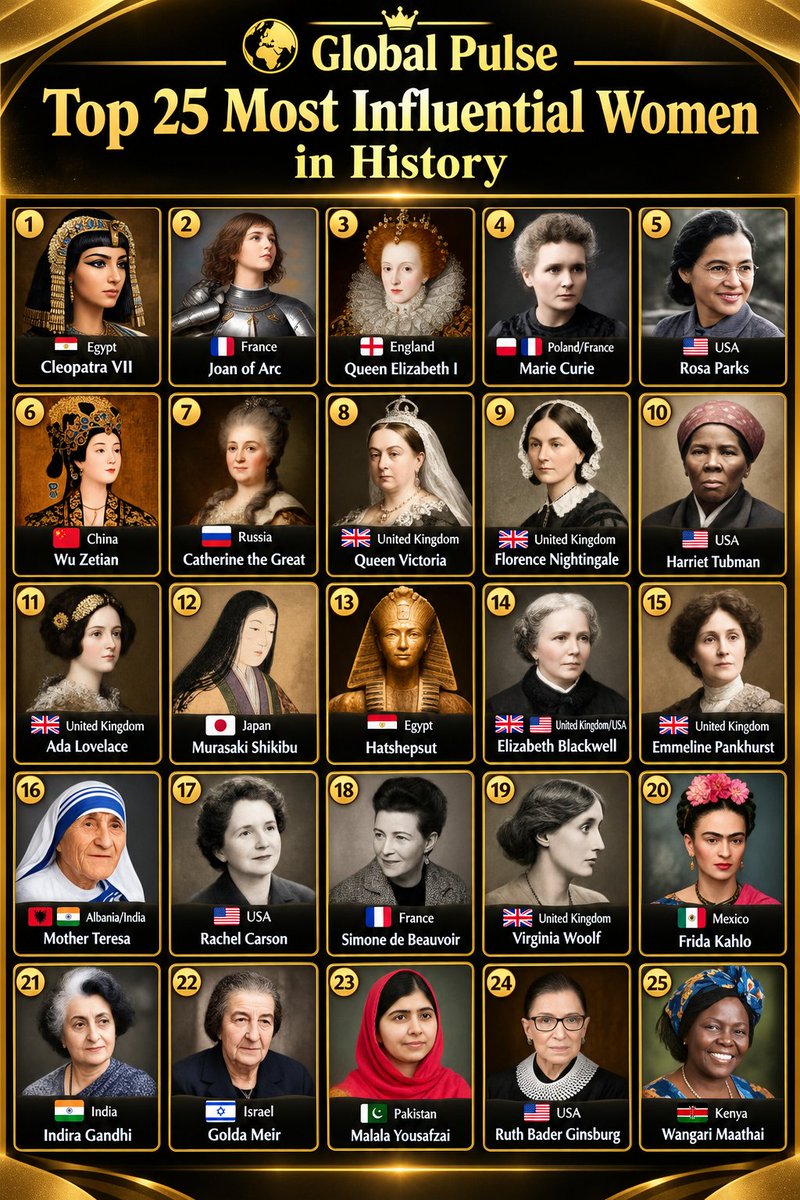 Globalstats_77's tweet photo. 👑 Top 25 Most Influential Women in History

① 🇪🇬 Cleopatra VII
② 🇫🇷 Joan of Arc
③ 🏴󠁧󠁢󠁥󠁮󠁧󠁿  Queen Elizabeth I
④ 🇵🇱🇫🇷 Marie Curie
⑤ 🇺🇸 Rosa Parks
⑥ 🇨🇳 Wu Zetian
⑦ 🇷🇺 Catherine the Great
⑧ 🇬🇧 Queen Victoria
⑨ 🇬🇧 Florence Nightingale
⑩ 🇺🇸 Harriet Tubman
⑪ 🇬🇧 Ada Lovelace
⑫ 🇯🇵 Murasaki Shikibu
⑬ 🇪🇬 Hatshepsut
⑭ 🇬🇧🇺🇸 Elizabeth Blackwell
⑮ 🇬🇧 Emmeline Pankhurst
⑯ 🇦🇱🇮🇳 Mother Teresa
⑰ 🇺🇸 Rachel Carson
⑱ 🇫🇷 Simone de Beauvoir
⑲ 🇬🇧 Virginia Woolf
⑳ 🇲🇽 Frida Kahlo
㉑ 🇮🇳 Indira Gandhi
㉒ 🇮🇱 Golda Meir
㉓ 🇵🇰 Malala Yousafzai
㉔ 🇺🇸 Ruth Bader Ginsburg
㉕ 🇰🇪 Wangari Maathai