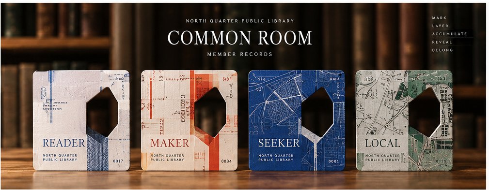 roy1919875's tweet photo. Day 17/30: COMMON ROOM
What if a library card could reveal belonging instead of just proving access?
I built a system where your card emerges from what you actually do inside the library:
READ → margin
MAKE → register
SEEK → reference path
BELONG → street
Those traces accumulate into a Member Record.
The card remembers in layers.
Its aperture becomes a lens.
Individual cards become a Living Collection.
The collection eventually reveals the neighborhood.
You don’t receive a card. You accumulate one.
Explore the live experience:
https://t.co/1gNwGivf2s