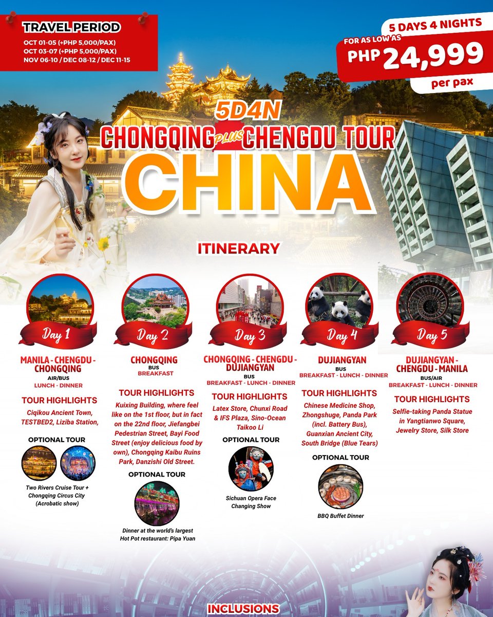 oliviawalkera46's tweet photo. 5D4N Chongqing and Chengdu Tour

Flight: CA480 MNL–TFU 02:55–06:55; CA479 TFU–MNL 21:30–01:30 (+1)

Travel dates: Oct 1–5, Oct 3–7, Nov 6–10, Dec 8–12, Dec 11–15

Down payment: PHP 18, 000 per person

Includes four nights’ twin-sharing https://t.co/fH1l63L69w