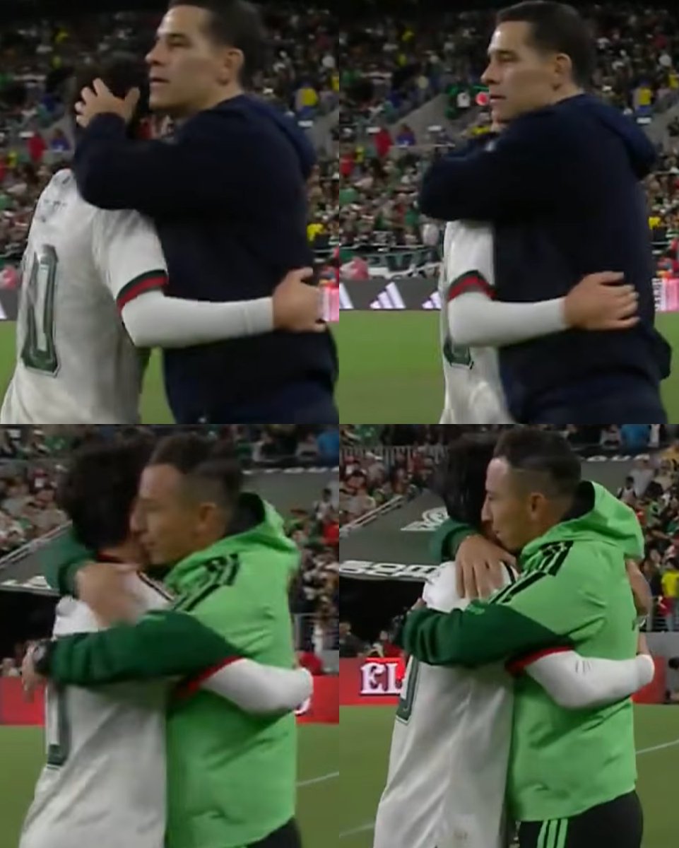 InvictosSomos's tweet photo. Esta secuencia fue HERMOSA. Justo después de marcar su PRIMER GOL con la Selección Mexicana, Gil Mora fue recibido con un abrazo por Rafa Márquez y Andrés Guardado. Morita va a tener maestros de lujo para continuar su desarrollo con el TRI. Las leyendas que guiarán a la joya del fútbol mexicano. IMPOSIBLE NO ILUSIONARSE.