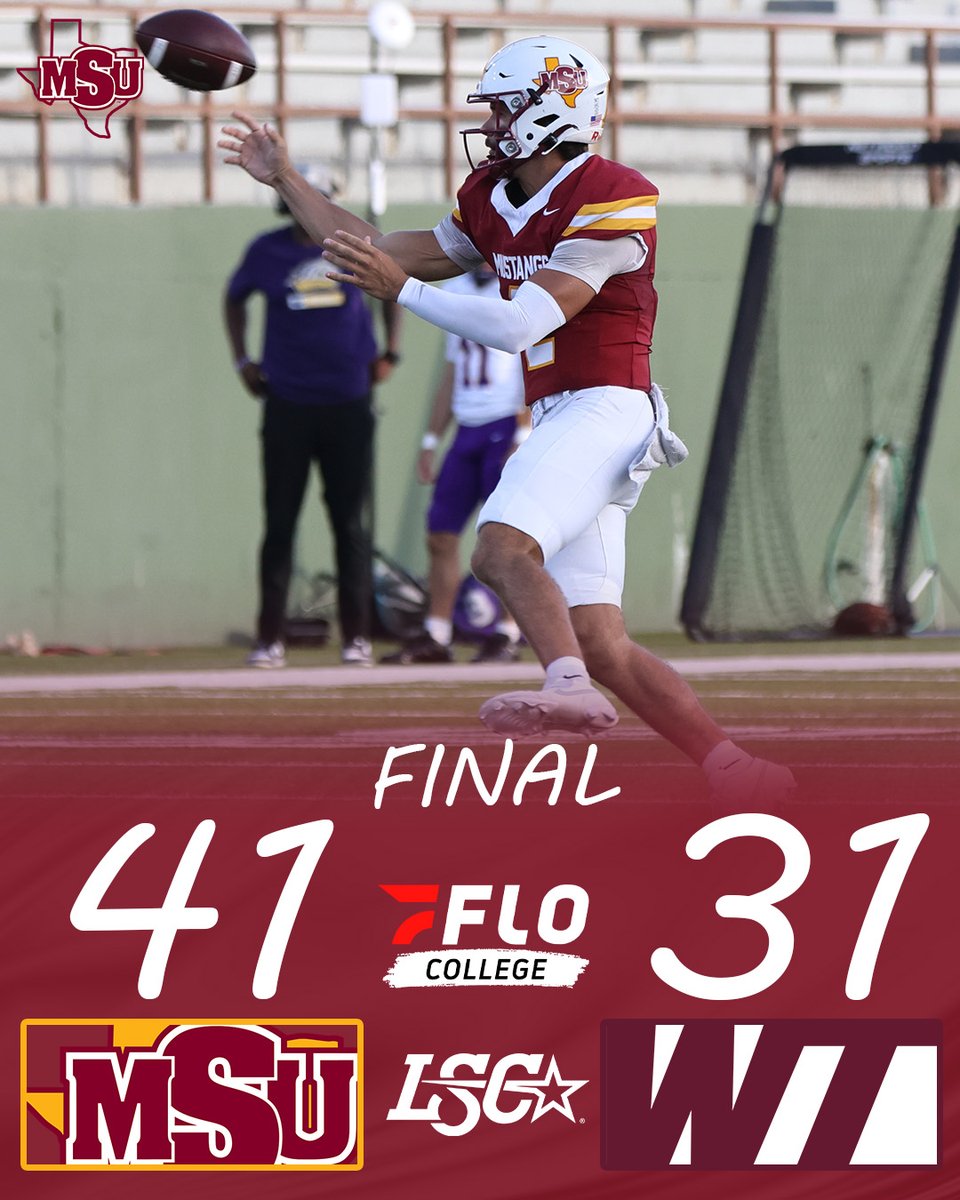 MSUMustangs's tweet photo. 🏈 MUSTANGS WIN!!!

@MSUTexasFB hot offense scorches West Texas A&amp;M, beating the Buffs in Canyon, 41-31. Kaden Brown finished with over 500 yards of total offense, collecting four touchdowns in the win!

#StangGang https://t.co/v1pbiVrkMa