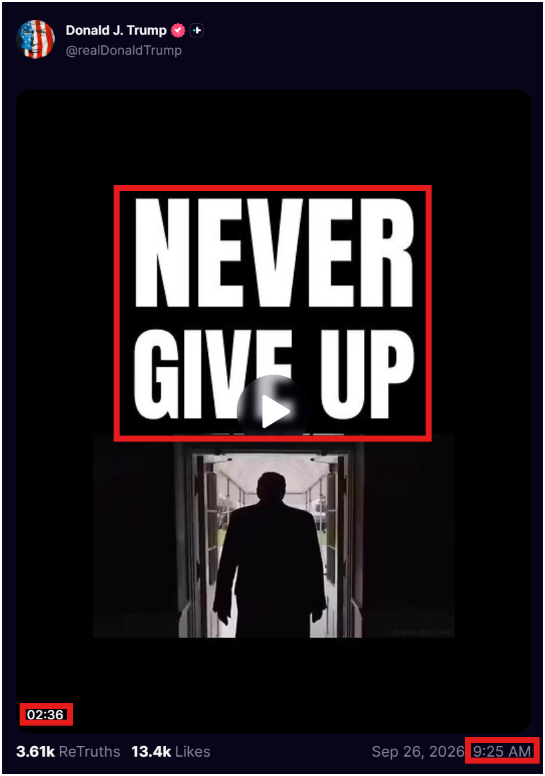 7thDean's tweet photo. President Trump's Truth is 2:36 minute video label "NEVER GIVE UP" and has a timestamp of 9:25 AM EST

Q 236
Focus on Hussein.👈
Revelations coming very very soon.👈
HUMA - SA - Hussein.
HLR (first).
Civil rights attorney.
13th District - Sen.
DNC.
Hussein v HRC v McCain.
Why is this relevant?
Follow the money pre-pres.
Follow the connections pre-pres.
Why does Hussein travel ahead of POTUS?
Why did Hussein travel behind POTUS? 
Think Asia.
Think NK.
What was told re: NK during the past 8 years?
What dramatic shift occurred re: NK post election of POTUS?
Reconcile.
Define hostage.
The Sum of all Fears. 
Why are sexual harassment claims all appearing suddenly? 
Coincidence? 
What is a pill?
When is it hard to swallow? 
How do you remove your enemies from positions of influence and authority? 
Define stages. 
Define puppets.
Define puppet handlers. 
Define proxy war.
Define proxy war. 
Define proxy war.
Expand your thinking.
Why is Justice stalling release of c-level info?
Think. 
Does POTUS control all matters classified? 
Think.
Have faith.👈
These people are losers!
Q

Q 925
This is not about religions or party affiliation.👈
EVIL is everywhere.
There are no drawn lines.
No boundaries.
Good vs Evil.👈
Q

This comm from President Trump is loaded with information but his message is clear: Focus on Hussein, Revelations are coming very very soon. Have faith, "NEVER GIVE UP." This is not about religions or party affiliation this is about Good vs Evil..🕊️👊👿🙏

Hold the line, God Wins!!!💪🇺🇸🕊️😇🔥
