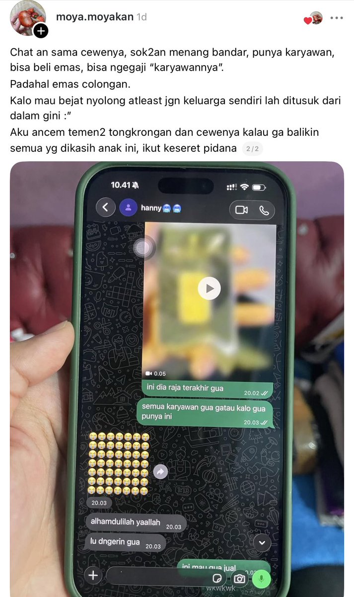 SudutTakKasat's tweet photo. lagi viral di aplikasi sebelah

kakak ipar sama suaminya nabung emas 100 gram lebih. pas sekeluarga trip keluar kota adik iparnya (adik dari suami) yg baru 17 tahun nyolong. ktp nya aja baru keluar juni. emasnya dijual di https://t.co/StAAMehPoK tanggal 21 september masuk 227 juta. abis itu rekeningnya gila. masuk puluhan juta keluarnya ke nama aneh aneh gamingz gamol ponsel counter tech. 10 juta 10 juta 10 juta. slot. sisa yg ketemu iphone 17 pro hijau yg dia pake sendiri, iphone pink box masih utuh buat pacarnya, sama motor oren di garasi. saldo seabank sekarang 28 ribu. anak ini chat pacarnya kirim video emas trus nulis ini dia raja terakhir gua semua karyawan gua gatau kalo gua punya ini. sok2an punya karyawan padahal modalnya colongan. pacarnya di wa namanya hanny masih sekolah. hp pink itu dibawa ke sekolah. si cowok sempat mau jual hp ceweknya bilang jangan jual ntr kita ga couple ip lagi. yg paling gila ceweknya ngetik jangan miskin karna slot harus kaya karna slot. 17 tahun masih sekolah udah ngomongin slot gitu.

kakaknya udah ancam temen tongkrongan sama pacarnya. yg dikasih anak ini kalo ga dibalikin ikut keseret.