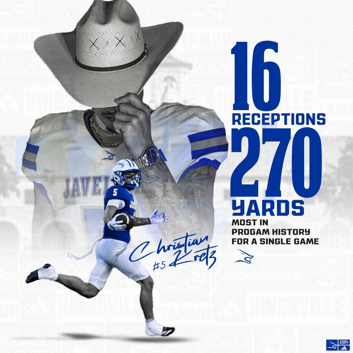 JavelinaFB's tweet photo. The greatest receiver performance in program history now belongs to @KretzChristian  !

#GoJavelinas #TTDB https://t.co/QjZ2TfmXXf