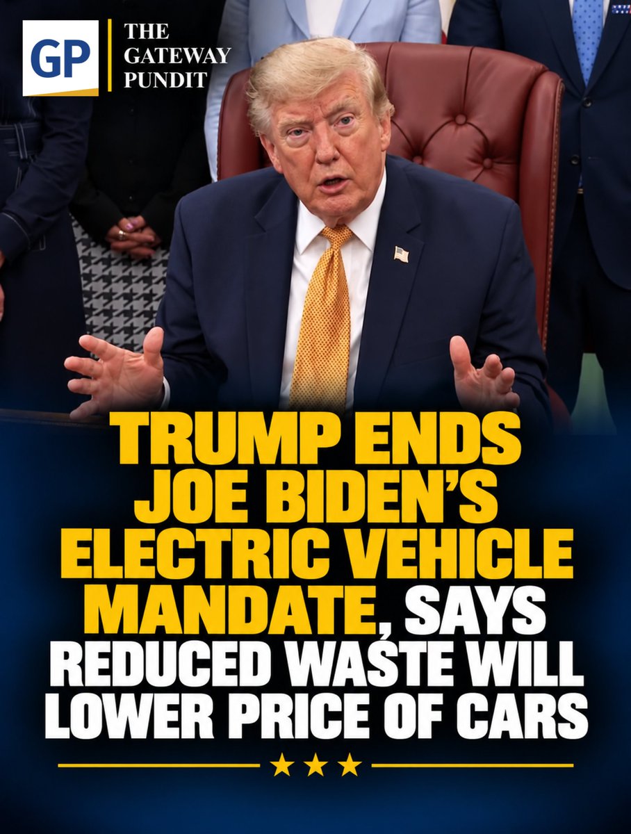 gatewaypundit's tweet photo. President Trump took to Truth Social tonight and announced that he is approving new fuel economy standards which will effectively terminate Joe Biden’s electric vehicle mandate.

According to Trump, this move will reduce waste and lower the cost of cars for American families. It’s also great news for the auto manufacturers.

All of this is great news.

Read the rest of the story, link in the comments.