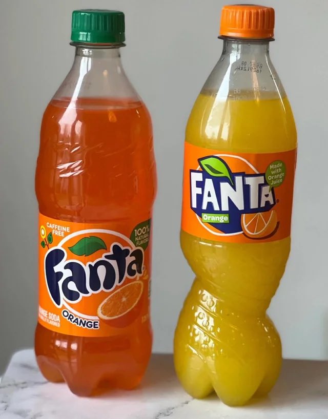 greyceland's tweet photo. @AnaHilton344833 @yoxics Nah but you might be for not realizing he mixed up the locations, he was thinking of Europe, where their Fanta is yellow despite being the same orange flavor https://t.co/VZRlCzMaLR