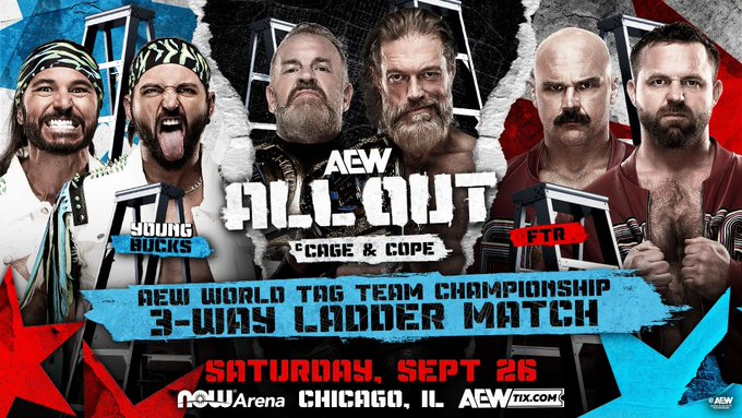 NextManUp18's tweet photo. Cage &amp; Cope Vs The Young Bucks vs FTR — AEW World Tag Team Championship Ladder 

AEW : All Out

Rating : ⭐️⭐️⭐️⭐️. 5 NOW THATSS A FUCKING LADDER MATCH HOLY FUCKING SHIT https://t.co/lb0HCoBR2r