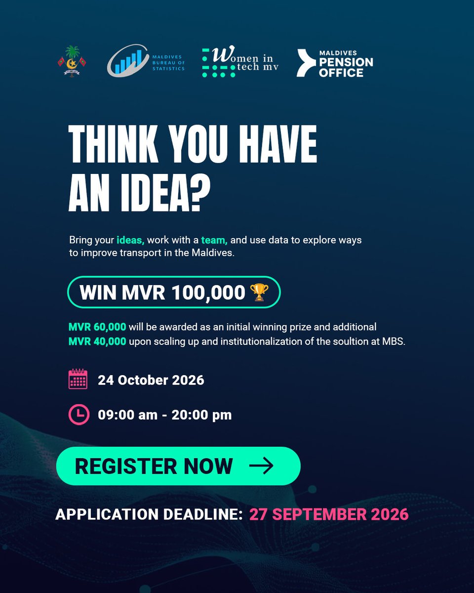 womenintechmv's tweet photo. Maldives Datathon 2026 is OPEN NOW! 
Mapping Mobility through Data: Innovating Transport Insights for a Connected Maldives

Ready to turn data into ideas, and ideas into impact? 💡📊 

🔗 Apply Now: https://t.co/ZeFdosMyfH
🗓️Registration Deadline: 27 September 2026 https://t.co/VUA1T7b5TM