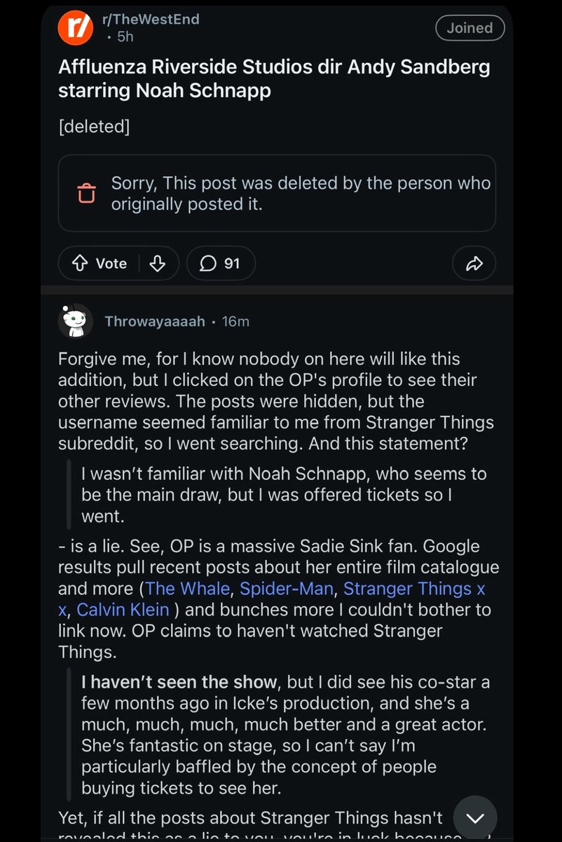 cameronrebe's tweet photo. Sadie fans are another level of fucked up in the head, they went to West End profile to lie about receiveing free tickets from a sold out show just to trash other ppl work and then start to spam that post in Noah’s fans posts, till someone clocked them &amp; the moderator removed it https://t.co/y6xb2wzaVK