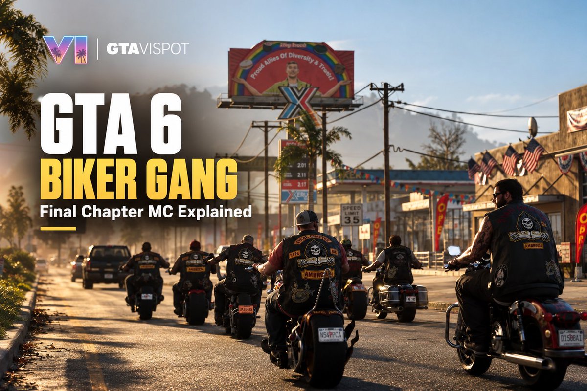 GTAVISPOT's tweet photo. 🏍️🔥 GTA 6’s Final Chapter MC is here.

The biker gang has strong ties to Ambrosia - but what role will they play in Jason &amp; Lucia’s story?

Here’s what we know so far 👀👇
 https://t.co/xblItBtogq

#GTA6 #GTAVI #RockstarGames #gamingchannel #gaming https://t.co/rxuNdsTgll