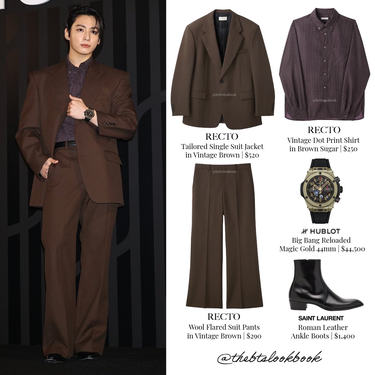 thebtslookbook's tweet photo. Jungkook wore a RECTO “Tailored Suit Jacket”, “Vintage Dot Print Shirt”, and “Flared Suit Pants”, @Hublot “Big Bang Reloaded Magic Gold” and @YSL “Roman Boots”

#jungkook #jeonjungkook 
#정국 #BTS #thebtslookbook #방탄소년단 #jungkookstyle #btsstyle #Hublot #JUNGKOOKxHUBLOT https://t.co/uCnKujdALj