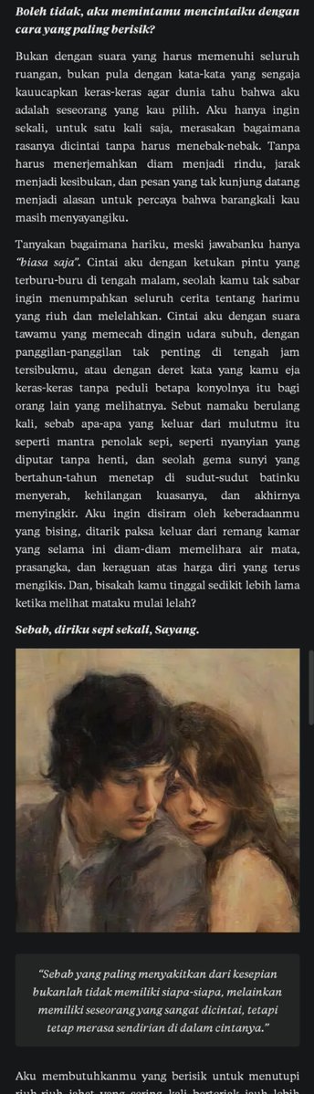 kehlinci's tweet photo. "Ada bagian dari diriku yang sejak lama duduk sendirian di sebuah kamar yang tidak benar-benar terang. Ia menunggu seseorang datang bukan untuk menyelamatkannya, melainkan menyalakan lampu dan duduk di sampingnya." Just woke up and this was the first thing that I read. Oh, this — https://t.co/Huevn9QmIk
