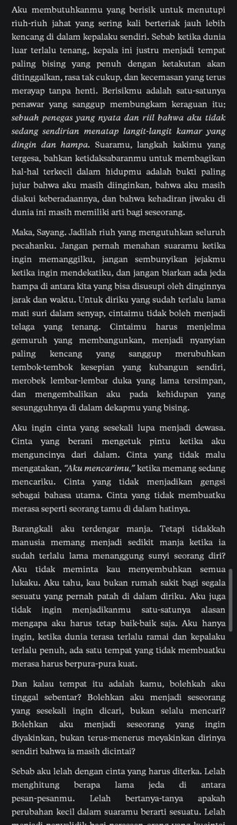 kehlinci's tweet photo. "Ada bagian dari diriku yang sejak lama duduk sendirian di sebuah kamar yang tidak benar-benar terang. Ia menunggu seseorang datang bukan untuk menyelamatkannya, melainkan menyalakan lampu dan duduk di sampingnya." Just woke up and this was the first thing that I read. Oh, this — https://t.co/Huevn9QmIk