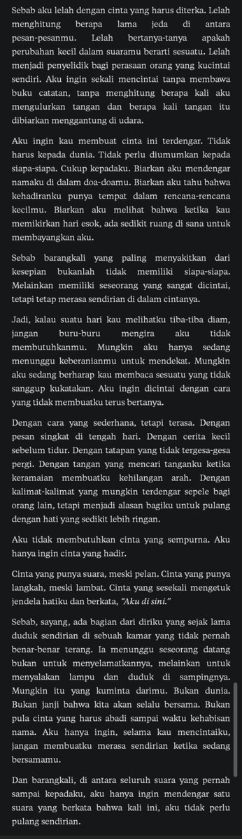 kehlinci's tweet photo. "Ada bagian dari diriku yang sejak lama duduk sendirian di sebuah kamar yang tidak benar-benar terang. Ia menunggu seseorang datang bukan untuk menyelamatkannya, melainkan menyalakan lampu dan duduk di sampingnya." Just woke up and this was the first thing that I read. Oh, this — https://t.co/Huevn9QmIk