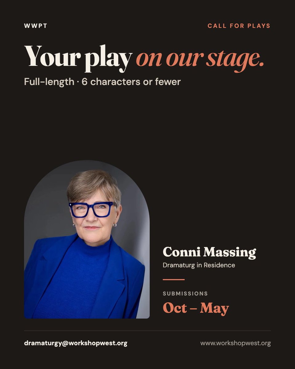 WorkshopWest's tweet photo. Submissions are reviewed by our Dramaturg in Residence, Conni Massing.

📄 A full-length play is usually 50+ pages, or around 35–40 for a monologue
📧 submit, email a cover letter, résumé, synopsis, and an excerpt of up to 20 pages to dramaturgy@workshopwest.org

#yegtheatre https://t.co/EB1Y3wHCXi