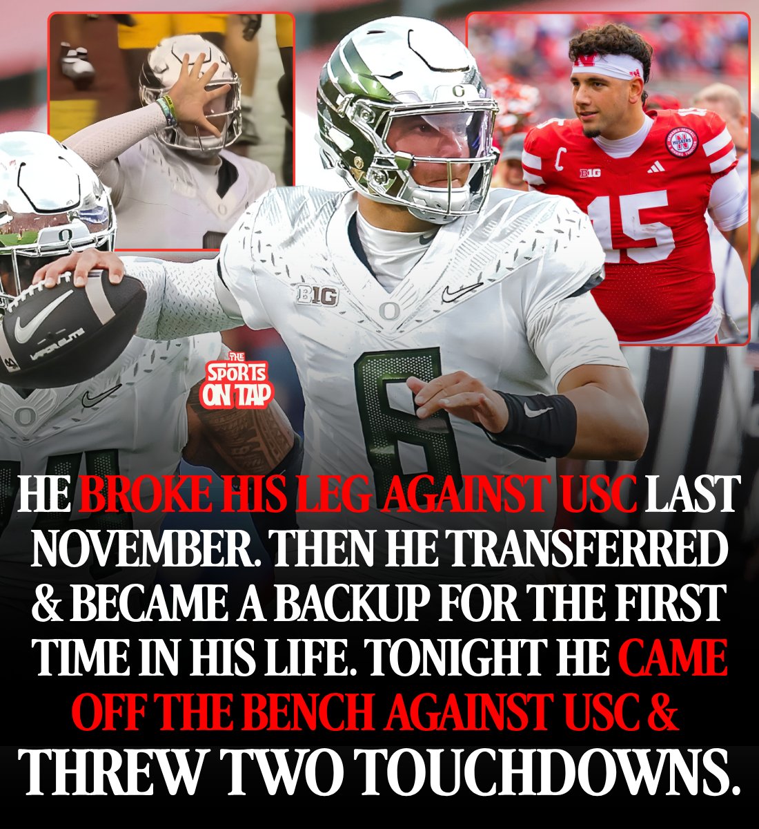 thesportsontap's tweet photo. On November 1 last year, Dylan Raiola broke his leg against USC.

That was the end of his Nebraska career. He never took another snap for them.

Tonight he walked back onto a field against the USC Trojans and played the best game of his life.

Start with who he was.

Raiola was a five star. His father Dominic was an All American offensive lineman at Nebraska from 1997 to 2000 and then played a long NFL career. His uncle Donovan coached the Nebraska offensive line until he was let go in December.

Dylan started 22 games for the Nebraska Cornhuskers. 69.1 percent. 4,819 yards. 31 touchdowns. Last season he was at 72.4 percent with 18 touchdowns when the leg went.

In January he transferred to the Oregon Ducks.

Dante Moore already had the job there.

So for the first time in his entire life, Dylan Raiola was a backup.

"You got to humble yourself. I'd be lying if I said it didn't take a couple practices just to kind of get used to it."

He said the thing he missed most was the one thing a backup cannot get.

"You can't emulate game speed reps."

So he spent nine months learning how to sit down and wait for somebody to hand them back to him.

Then came tonight, and the way he got in is the part nobody wanted.

In the second quarter Dante Moore scrambled for a first down and started to slide. USC linebacker Desman Stephens II launched into his head. Moore was knocked out on impact.

They backboarded him, carted him off, and an ambulance took him to Los Angeles General Medical Center. Stephens was ejected for targeting. A fight broke out, Oregon players sprinting to get to their quarterback.

Word came back later that Moore had feeling in all his extremities.

And Dylan Raiola had to go play a football game.

19 of 25. 289 yards. 2 touchdowns. 0 interceptions.

Three yards to Evan Stewart in the second quarter to take the lead back.

Twenty nine yards to Dakorien Moore in the fourth to break a tie.

Oregon outgained USC 504 yards to 446. The 20th ranked team in the country walked into the 12th ranked team's stadium and took it.

Oregon 41, USC 27.

Here is the part worth sitting with.

After he threw the touchdown, Raiola did not point at himself or the crowd or the sideline.

He held up five fingers.

Five is Dante Moore's number.

Then his teammates started doing it too, five fingers in the air for a guy in a hospital across town who could not see any of it.

The stadium that took a season from him finally gave him a night back.

And the first thing he did with it was hand it to somebody else.

For more stories like this, follow us on any platform @thesportsontap