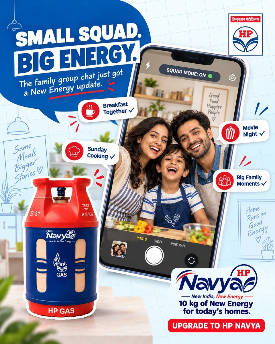 ganeshkarwar's tweet photo. Small squad. Big energy. ❤️💙
From breakfast together to Sunday cooking and movie nights, every family moment deserves energy that keeps up.
Meet HP Navya — 10 kg of New Energy for today’s homes. 🔥
Upgrade to HP Navya.
New India, New Energy.
#HPNavya #HPGas #NewIndiaNewEnergy https://t.co/v4bDXofgTa