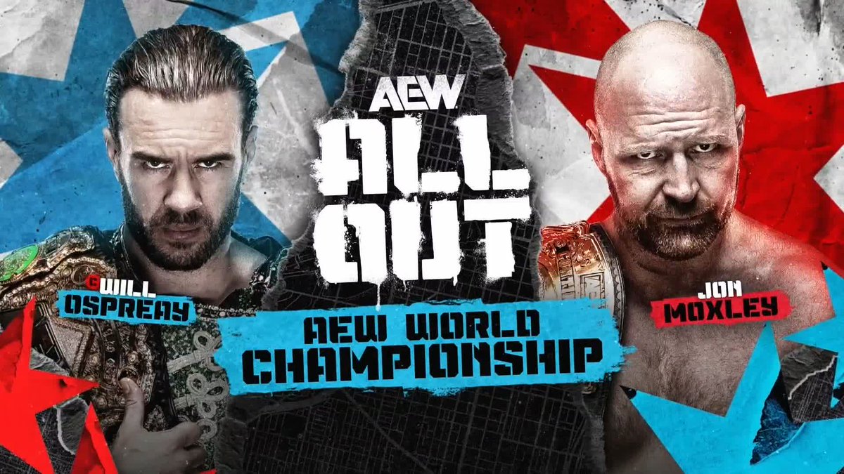 A promotional graphic for AEW All Out featuring a split design with Will Ospreay on the left and Jon Moxley on the right, advertising the AEW World Championship match between the two wrestlers, with the bold text "ALL OUT" centered above "AEW WORLD CHAMPIONSHIP." The image visually represents the championship bout described in the caption, highlighting the showdown between Ospreay (the defending champion) and his former stablemate Moxley.