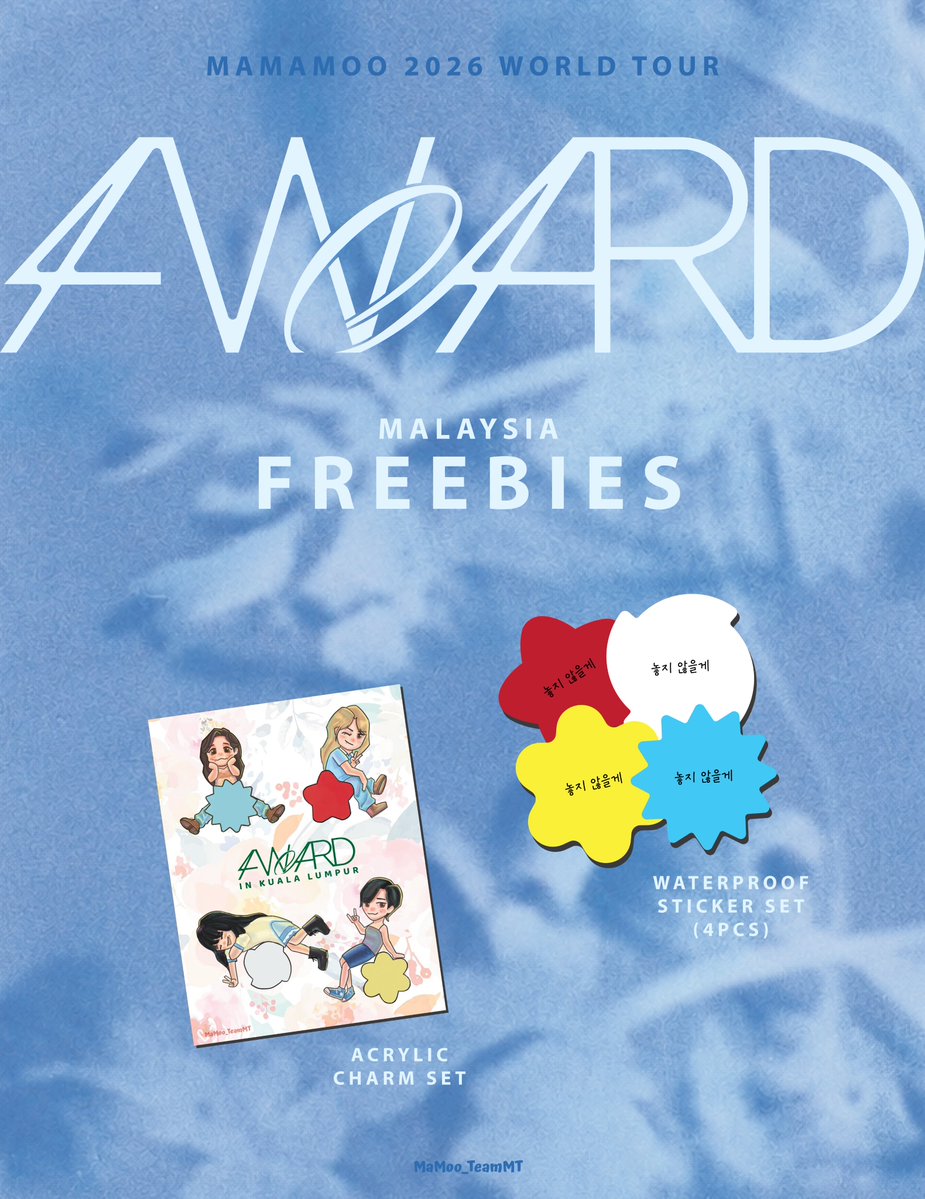 Mamoo_TeamMT's tweet photo. Moomoo yeorobun, we are back with more Freebies! 🎁🥳

We will be giving away approx. 500 sets of stickers &amp; acrylic charms to celebrate MAMAMOO’s 4WARD concert in KL! 🎉✨

* Stay tuned for the update on concert day 😎

#MAMAMOOinKL #4WARDinKL #MAMAMOO4WARD #MAMAMOO https://t.co/6zGkEOQzbW