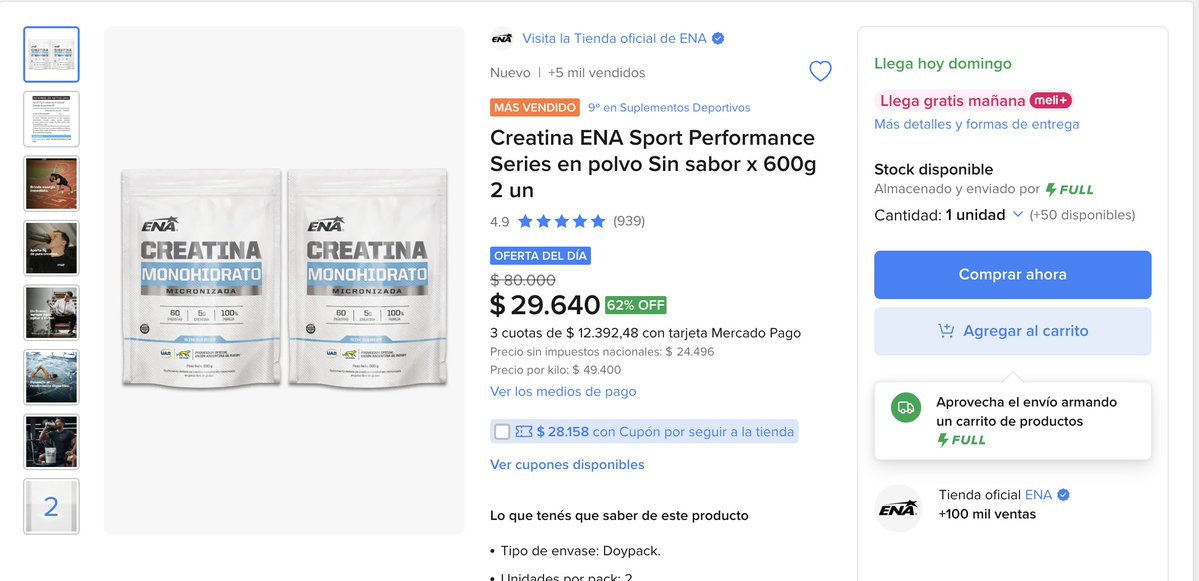 baratitoApp's tweet photo. Creatina ENA, 600g y viene doble 💪

$29.640, venía $80.000
51% abajo de lo que sale en otras tiendas, lo chequeé
Envío gratis
⭐ 4.9 con 939 opiniones

👉🏼 https://t.co/mYHFX5IrUN — a este precio no la vi nunca https://t.co/MoLfR2r51T