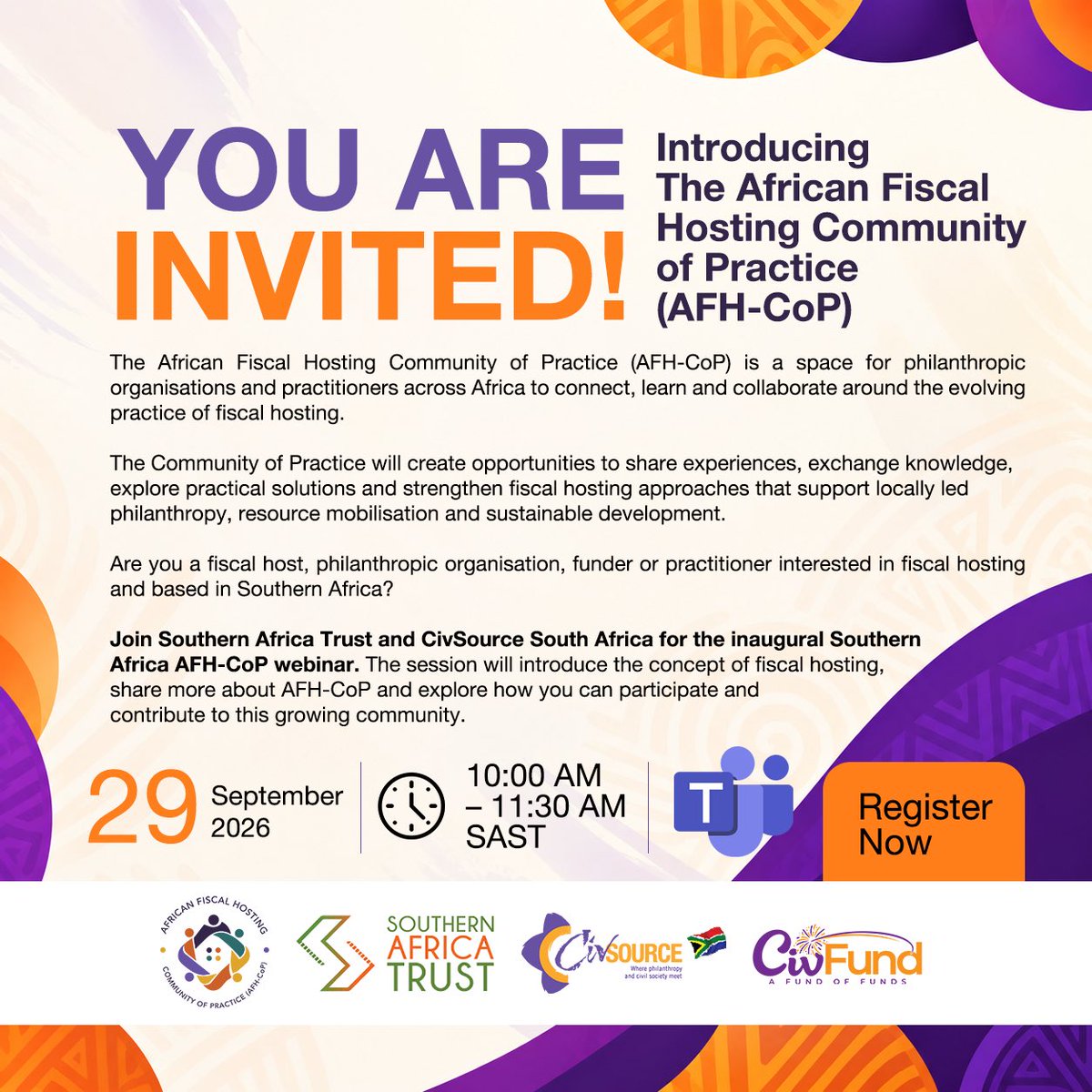 CivSourceSA's tweet photo. A Community of Practice grows through the experiences and questions we bring to it. π
Join us on 29 September as we explore fiscal hosting across Southern Africa and learn from practitioners doing the work.
π Register: https://t.co/TGTUvhdXyW
#FiscalHosting #AFHCoP https://t.co/Vcd3mVS4qv