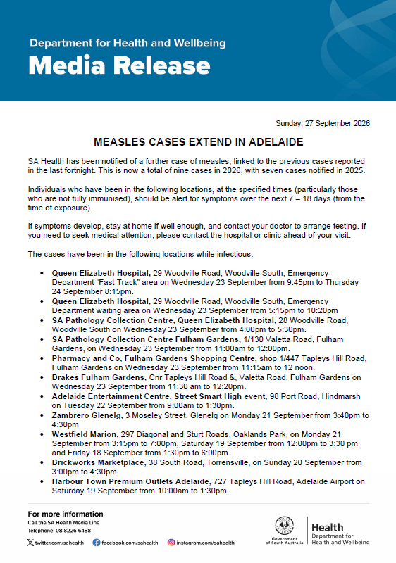 SAHealth's tweet photo. HEALTH ALERT: Measles case – Sunday 27 September 2026. https://t.co/eZ68dwb2RY