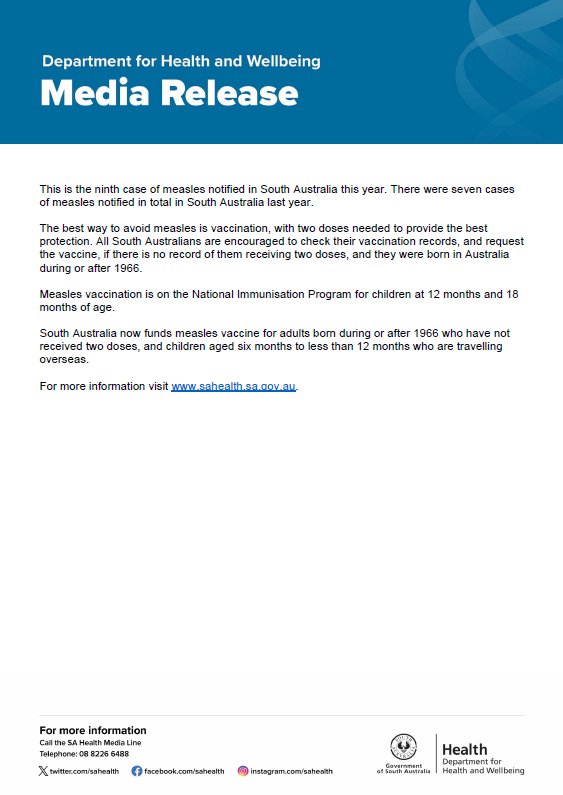 SAHealth's tweet photo. HEALTH ALERT: Measles case – Sunday 27 September 2026. https://t.co/eZ68dwb2RY