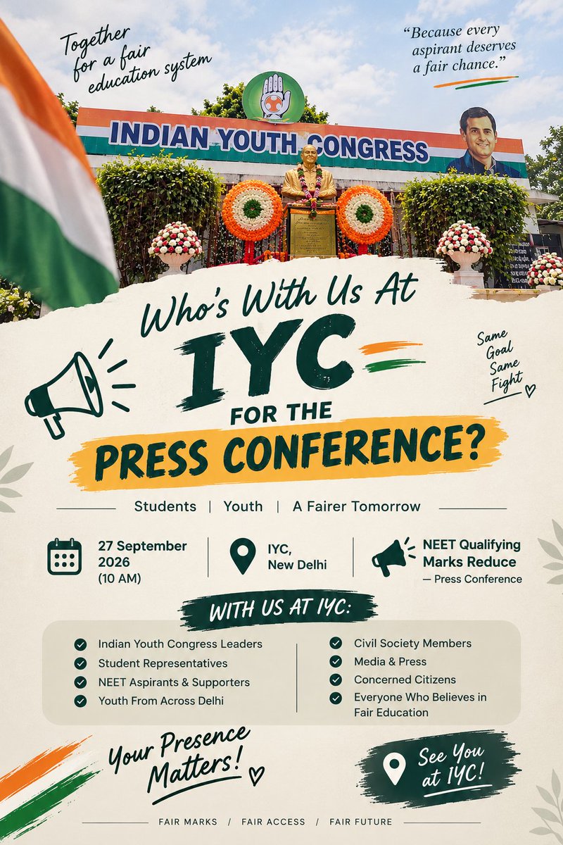 neetvictimz's tweet photo. See you all today at the Press Conference, IYC, New Delhi — 10 AM. 🇮🇳

#NEETUG2026 #NEET2026 #ReduceNEETQualifyingCutoff #NEETUG #NEETAspirants
#ReduceNEETQualifyingMarks
@JPNadda
@PMOIndia
@EduMinOfIndia
@PTI_News
@JoshiPralhad https://t.co/UlOiAYs6MA