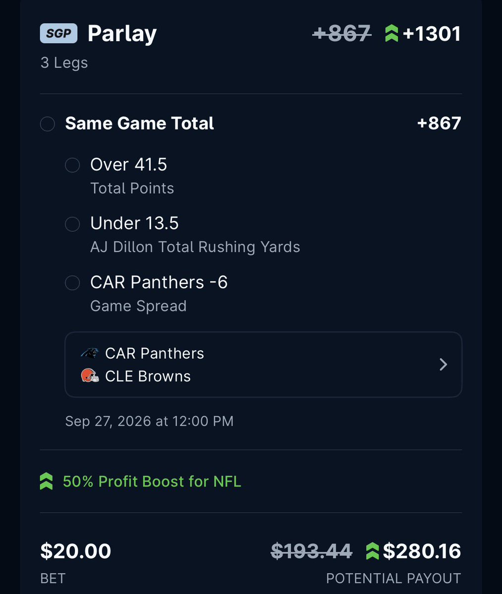 JoePickem's tweet photo. Found this SGP using @OddsJam’s +EV tool + Sports Screen and then threw it into @theScore with their 100% SGP profit boost.

+867 → +1301 with the boost

$20 → $280.16

This is exactly what I mean when I say OddsJam does the digging for you.

OddsJam Code: JoePickem https://t.co/4Q5P6X03Km