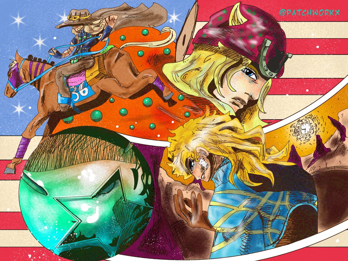 Patchmayworkx3's tweet photo. STEEL BALL RUN: THE WORLD OF STARS AND STRIPES

#jojo #steelballrunfanart #johnnyjoestar #gyrozeppeli #diegobrandao https://t.co/kTvaBca8En