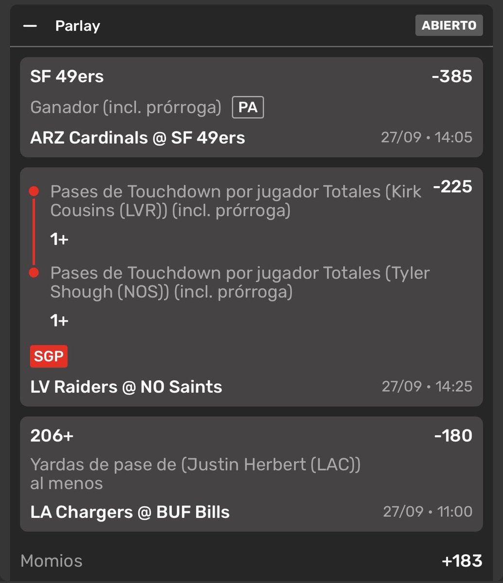 zapicks_'s tweet photo. Zapick - NFL Sunday  Week 3

Parlay

ARZvsSF - SF viene con defensiva sana y juega en casa

LVvsNO - Este juego se ve que harán puntos y ambos QB jugando bien,
tentativo el over

LAvsBUF - Bounce back de Herbert

#zapicks
#NFLBetting 
#NFLBet https://t.co/xVtVwcT59x