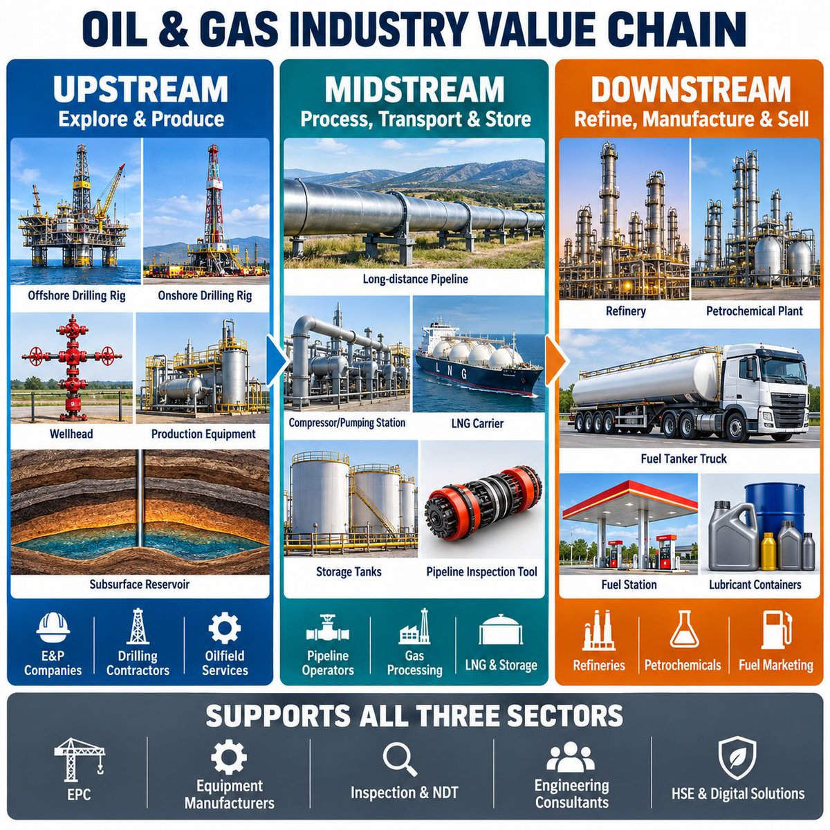 jackprandelli's tweet photo. 🛢️ Oil and gas is really four businesses, not one.

🔹Upstream (E&P companies, drillers, oilfield services) gets paid on the price of the barrel. Crude drops $20, their revenue drops with it.

🔹Midstream (pipelines, storage, LNG carriers, gas processing) gets paid like a toll road. A fee on every barrel or cubic foot moved, usually on long-term contracts. Volume matters far more than price.

🔹Downstream (refiners, petrochemicals, fuel retail) gets paid on the spread between crude and what they sell. Cheap crude plus firm diesel prices is a refiner's best quarter.

Underneath all 3 sit the EPC contractors, equipment makers, inspection and engineering firms. They get paid when everyone else spends. 

When capex gets cut, they're the first to feel it.