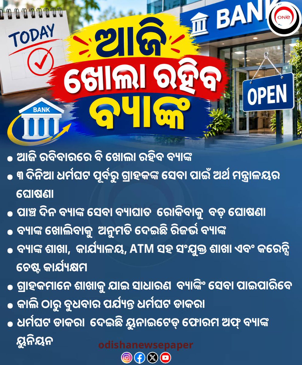 Odishaepaper's tweet photo. ଆଜି ରବିବାରରେ ବି ବ୍ୟାଙ୍କ ଖୋଲା। ଗ୍ରାହକଙ୍କୁ ମିଳିବ ବ୍ୟାଙ୍କିଂ ସେବା । ୩ ଦିନିଆ ଧର୍ମଘଟ ପୂର୍ବରୁ ଗ୍ରାହକଙ୍କ ସେବା ପାଇଁ ଅତିରିକ୍ତ କାର୍ଯ୍ୟଦିବସ ଘୋଷଣା କରିଛି ଅର୍ଥ ମନ୍ତ୍ରଣାଳୟ ।
#BankOpenToday
#BankStrike
#ReserveBankOfIndia
#RBI
#BankingServices
#odishanewsepaper https://t.co/9ghWRJ6KwI